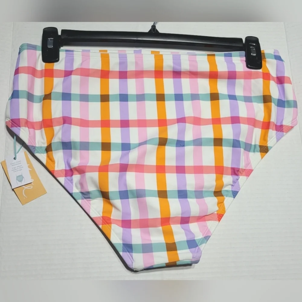 NWT! Kona Sol High-Waist Plaid Swim Bottoms Brief, Size XL (16)